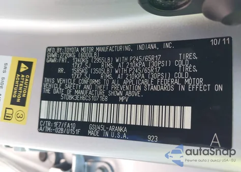 2012 Toyota Highlander Base V6 z USA, uszkodzony, nr VIN 5TDBK3EH6CS107168